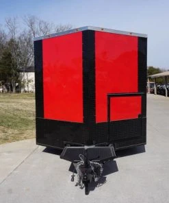 Alternative view of SLE Concessions 8.5 X 22 Red V-Nose Porch Style Concession With Blackout Trim Package